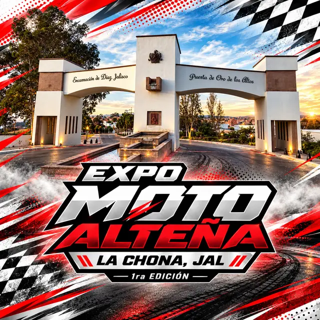 Arco de entrada de Encarnación de Díaz con el logotipo de Expo Moto Alteña
